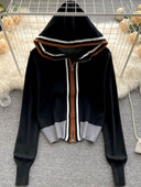 Γυναικεία Ευρωπαϊκή Αμερικάνικη Μόδα Ριγέ ραφές Κοντό γυναικείο μπουφάν με κουκούλα Νέο φερμουάρ Ζακέτα με χαλαρή πλεκτή κομμένη μπλούζα D0235