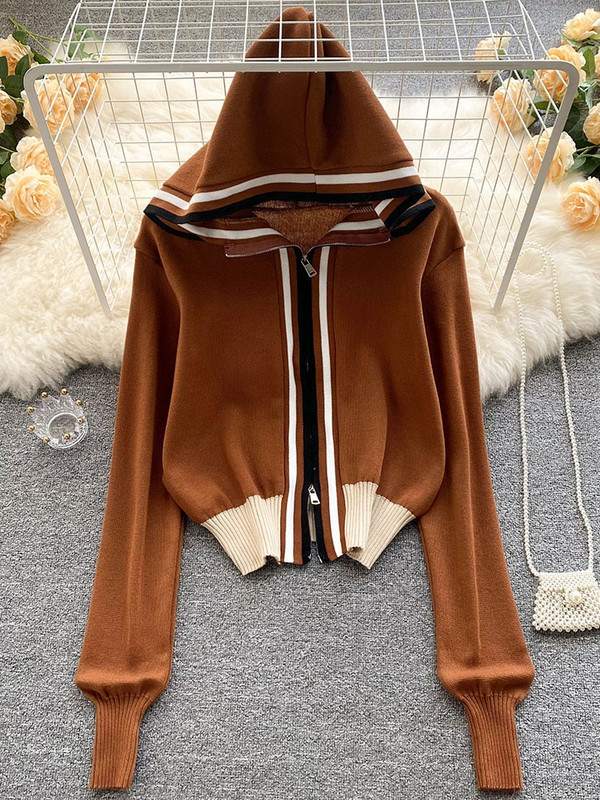 Γυναικεία Ευρωπαϊκή Αμερικάνικη Μόδα Ριγέ ραφές Κοντό γυναικείο μπουφάν με κουκούλα Νέο φερμουάρ Ζακέτα με χαλαρή πλεκτή κομμένη μπλούζα D0235