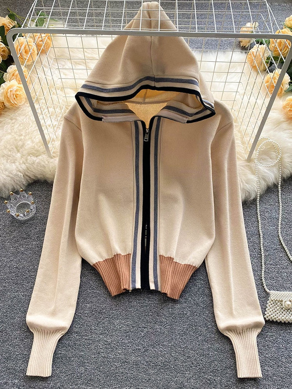 Γυναικεία Ευρωπαϊκή Αμερικάνικη Μόδα Ριγέ ραφές Κοντό γυναικείο μπουφάν με κουκούλα Νέο φερμουάρ Ζακέτα με χαλαρή πλεκτή κομμένη μπλούζα D0235