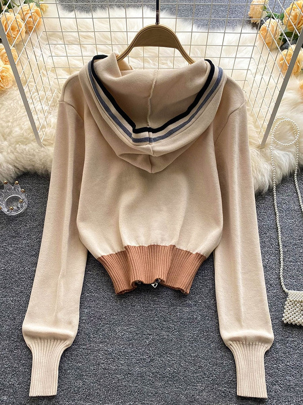 Γυναικεία Ευρωπαϊκή Αμερικάνικη Μόδα Ριγέ ραφές Κοντό γυναικείο μπουφάν με κουκούλα Νέο φερμουάρ Ζακέτα με χαλαρή πλεκτή κομμένη μπλούζα D0235