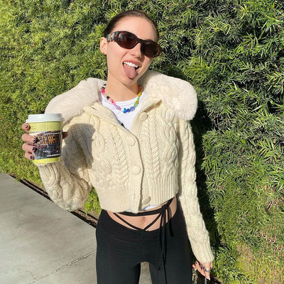 Y2KGIRL Modni ženski kardigan veste Bijeli krzneni ovratnik Ležerna ulična odjeća Pletena odjeća Crop Tops Proljeće Zima Gornja odjeća Vruće