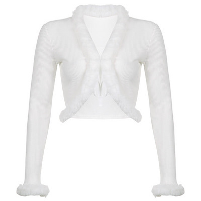 Y2KGIRL Modni ženski kardigan veste Bijeli krzneni ovratnik Ležerna ulična odjeća Pletena odjeća Crop Tops Proljeće Zima Gornja odjeća Vruće