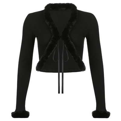 Y2KGIRL Modni ženski kardigan veste Bijeli krzneni ovratnik Ležerna ulična odjeća Pletena odjeća Crop Tops Proljeće Zima Gornja odjeća Vruće