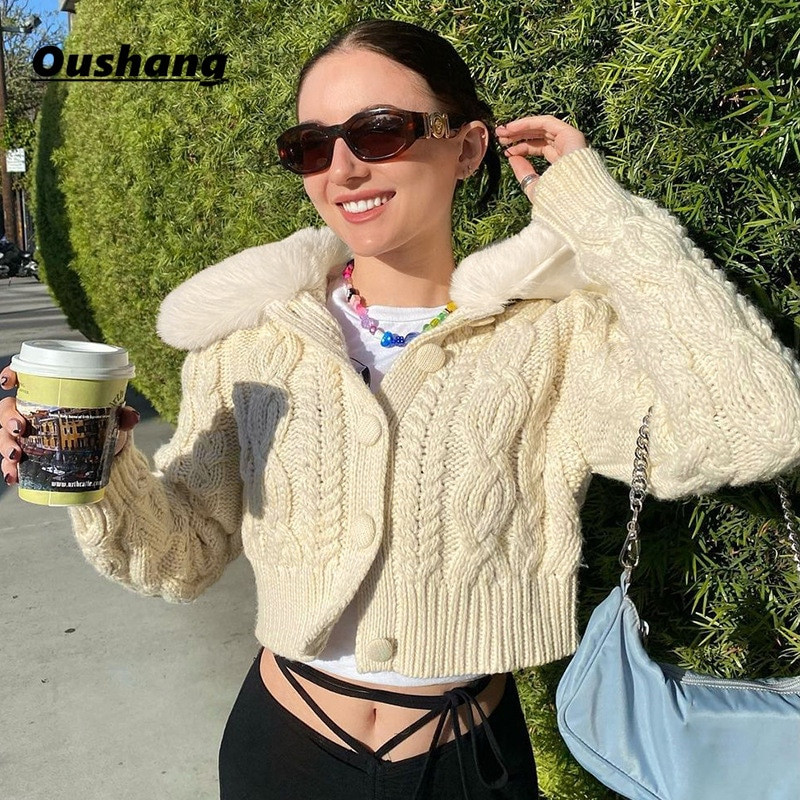 Y2KGIRL Modni ženski kardigan veste Bijeli krzneni ovratnik Ležerna ulična odjeća Pletena odjeća Crop Tops Proljeće Zima Gornja odjeća Vruće