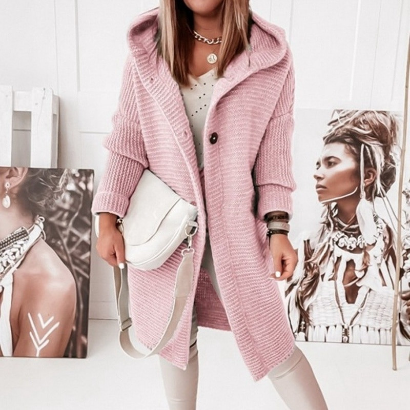 Moteriška striukė Moteriška vidutinio ilgio megztinė Korėjietiška madinga palaidi megztiniai su rankovėmis Rudeninis megztinis su gobtuvu