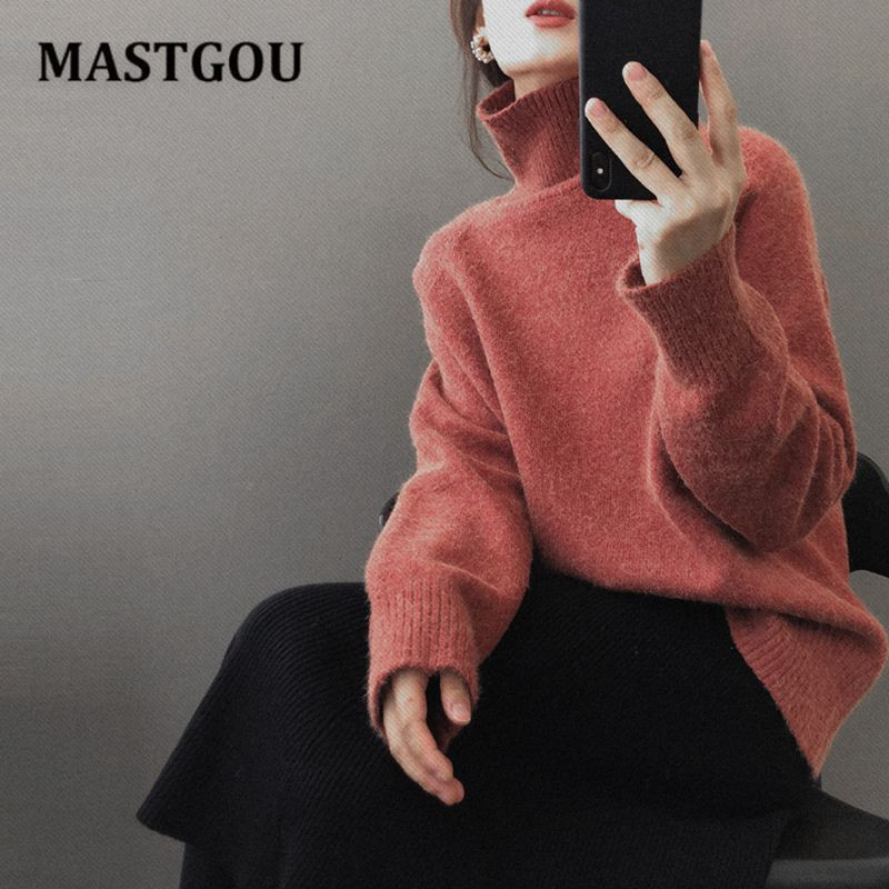 MASTGOU Lielizmēra ziemas biezs džemperis sieviešu trikotāžas kašmira džemperis džemperis ar garām piedurknēm brīvs džemperis ar brīvu apkakli