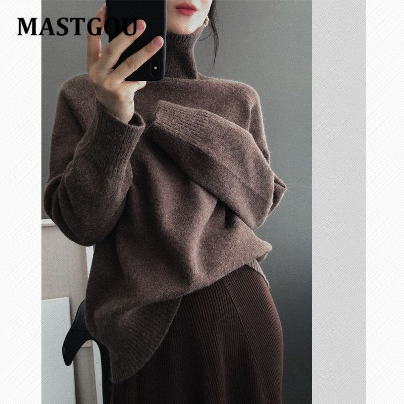 MASTGOU Lielizmēra ziemas biezs džemperis sieviešu trikotāžas kašmira džemperis džemperis ar garām piedurknēm brīvs džemperis ar brīvu apkakli