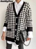 2022. gada rudens Ziemas V kakla izgriezuma kurtu zoba jaka sievietēm, melns ar garām piedurknēm, kontrastkrāsu, pogas krāsas trikotāžas džemperis