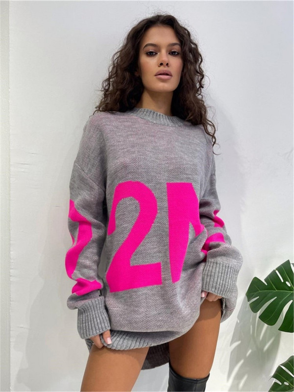 Sieviešu džemperi ar burtu apdruku Ikdienas džemperi ar garām piedurknēm O-veida kakla trikotāžas džemperi, 2022. gada rudens ziemas dāmu lielizmēra džemperi