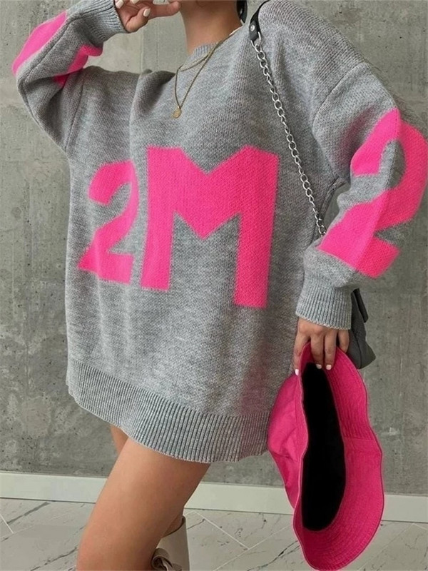 Sieviešu džemperi ar burtu apdruku Ikdienas džemperi ar garām piedurknēm O-veida kakla trikotāžas džemperi, 2022. gada rudens ziemas dāmu lielizmēra džemperi
