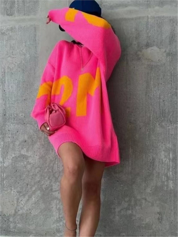 Sieviešu džemperi ar burtu apdruku Ikdienas džemperi ar garām piedurknēm O-veida kakla trikotāžas džemperi, 2022. gada rudens ziemas dāmu lielizmēra džemperi