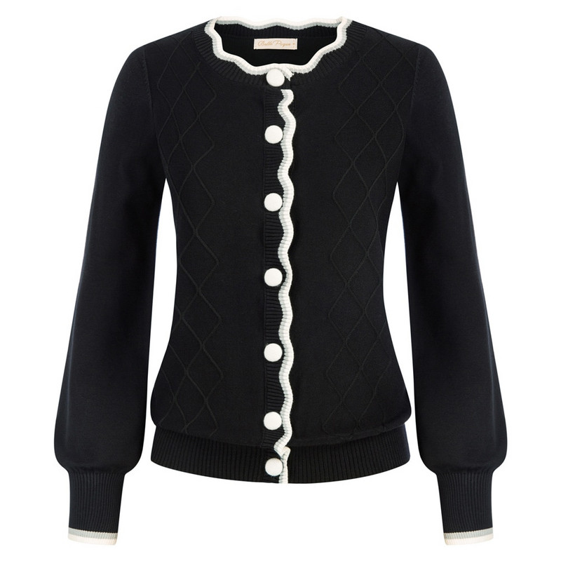 Ženski pleteni kardigan s dugmićima, kontrastne boje, dugi lanternasti rukavi, okrugli izrez, široki kroj, pulover, pletenina, gornja odjeća, kardigani A30