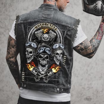 Мъжка жилетка locomotive Sleevless Jean Jacket Skull Motorcycle Biker Hip Hop Punk Top Waistcoat Hole Ripped Cotton Men Denim Jets
