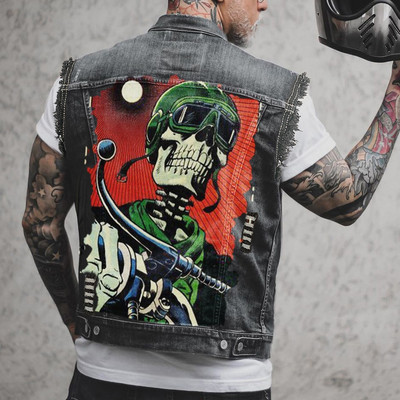 Vyriškos liemenės lokomotyvas be rankovių Jean Striukė Kaukolė Motociklas Hip Hop Punk Viršutinė Liemenė Skylė Plyšta medvilnė Vyriški džinsiniai purkštukai