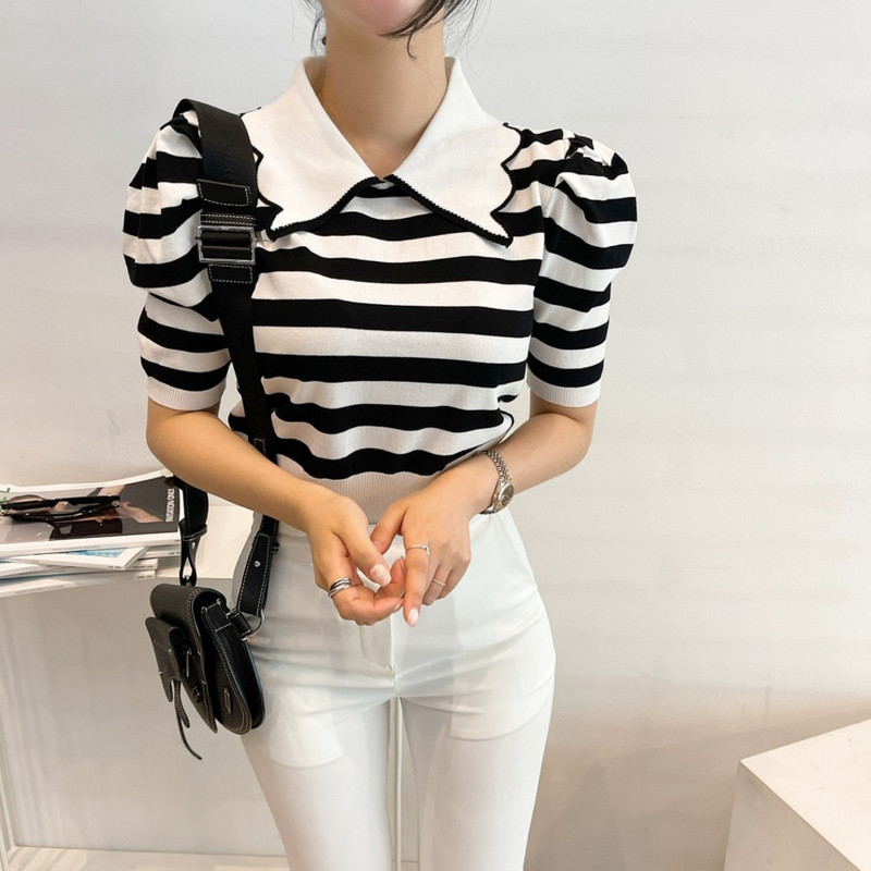 Korejiešu svītraini trikotāžas džemperu topi Sieviešu vasaras īsām piedurknēm, nolaižamām piedurknēm, džemperi, džemperi, ikdienas modes sieviešu džemperi