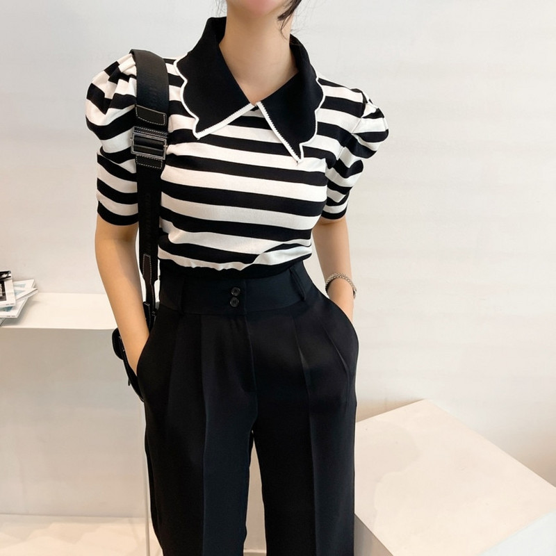 Korejiešu svītraini trikotāžas džemperu topi Sieviešu vasaras īsām piedurknēm, nolaižamām piedurknēm, džemperi, džemperi, ikdienas modes sieviešu džemperi