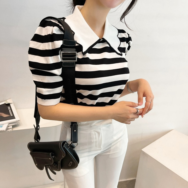 Korejiešu svītraini trikotāžas džemperu topi Sieviešu vasaras īsām piedurknēm, nolaižamām piedurknēm, džemperi, džemperi, ikdienas modes sieviešu džemperi