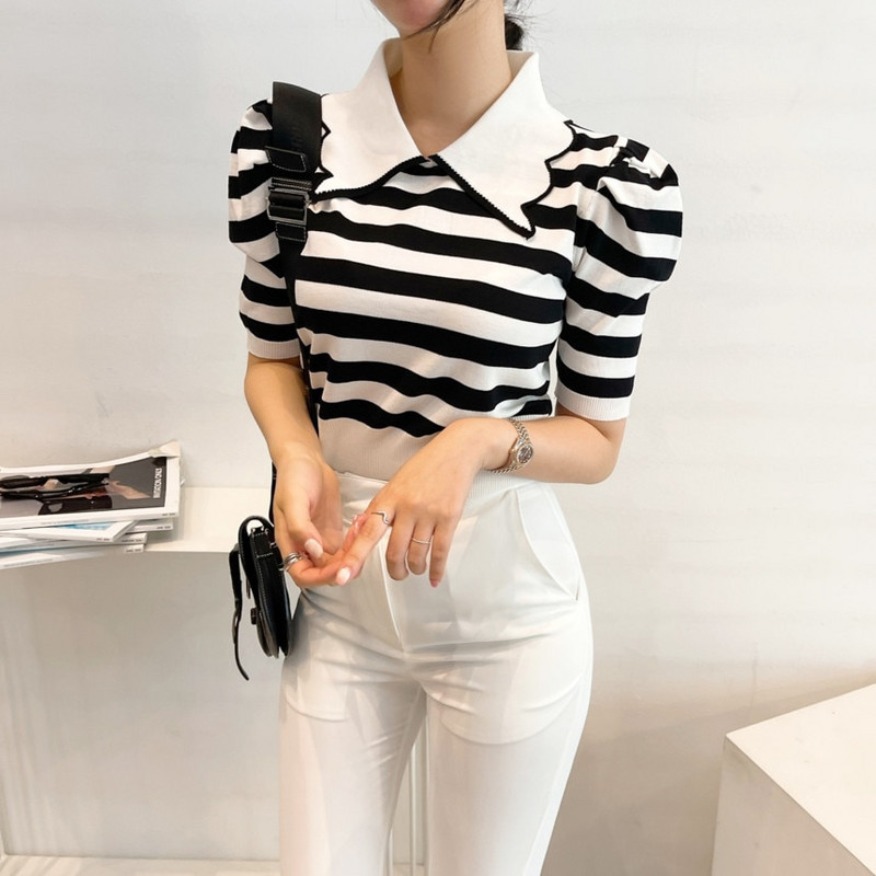 Korejiešu svītraini trikotāžas džemperu topi Sieviešu vasaras īsām piedurknēm, nolaižamām piedurknēm, džemperi, džemperi, ikdienas modes sieviešu džemperi