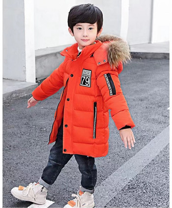 Ново зимно палто за големи момчета Дълго стилно детско яке с кожена качулка и памучна подплата Детски снежен костюм от 3 до 15 години
