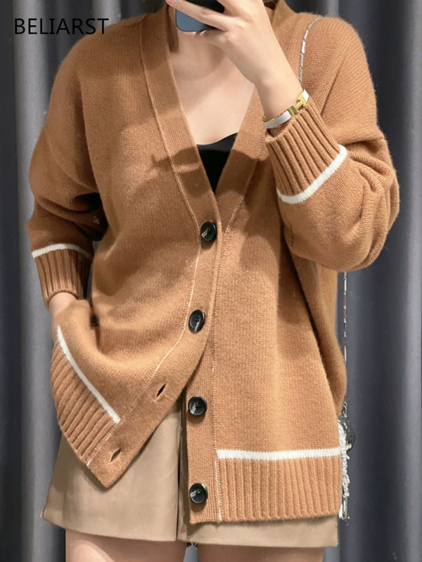 BELIARST jauns rudens un ziemas kašmira džemperis sieviešu V veida kakla izgriezuma jaka 100% merino vilnas tops ikdienas brīvs modes sieviešu jaka