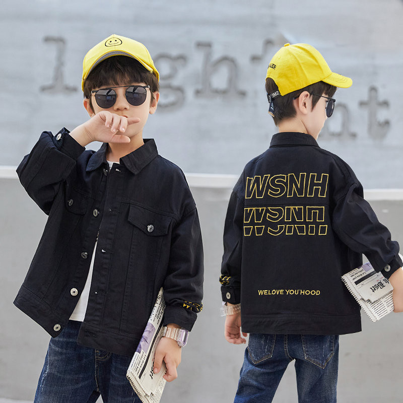 2021. gada pavasara rudens jaka, zēni, bērnu ar burtu apdruku, virsdrēbes, dzeltenas, melnas, vējjakas, džinsi, džinsi, mēteļi, pusaudžu bērnu apģērbi