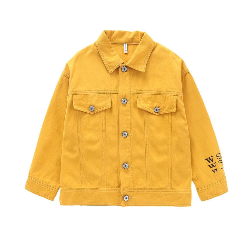 2021. gada pavasara rudens jaka, zēni, bērnu ar burtu apdruku, virsdrēbes, dzeltenas, melnas, vējjakas, džinsi, džinsi, mēteļi, pusaudžu bērnu apģērbi