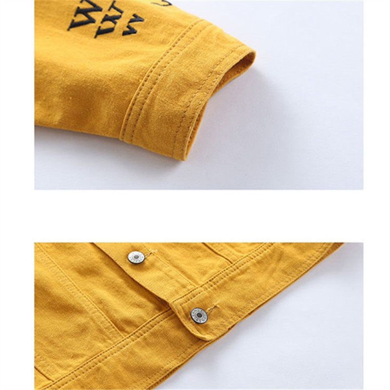 2021. gada pavasara rudens jaka, zēni, bērnu ar burtu apdruku, virsdrēbes, dzeltenas, melnas, vējjakas, džinsi, džinsi, mēteļi, pusaudžu bērnu apģērbi