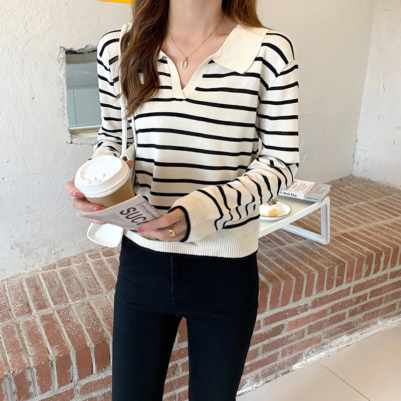 Sieviešu svītrains džemperis ar garām piedurknēm, sieviešu elegants pavasara rudens ikdienas topi korejiešu stila plāni trikotāžas šiki puloveri