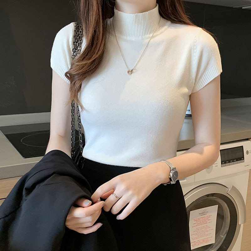 Καλοκαιρινό κοντομάνικο πουλόβερ με μισό ζιβάγκο Πλεκτό πουλόβερ Γυναικεία πουλόβερ Basic Thin Tops Pull Femme Jumper 2022