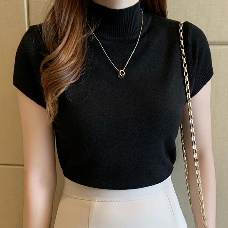 Καλοκαιρινό κοντομάνικο πουλόβερ με μισό ζιβάγκο Πλεκτό πουλόβερ Γυναικεία πουλόβερ Basic Thin Tops Pull Femme Jumper 2022