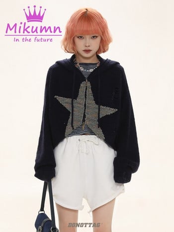 Γοτθικό πουλόβερ Γυναικεία ζακέτα Harajuku Vintage Star Zip Μακρυμάνικο με κουκούλα Κοντό σακάκι Άνοιξη Φθινόπωρο Χαλαρά Πλεκτά Top Coat