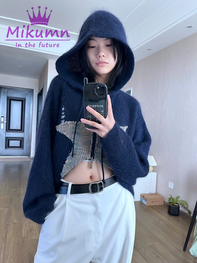 Gothic džemperis jaciņš sievietēm Harajuku Vintage Star ar rāvējslēdzēju garām piedurknēm ar kapuci īsa jaka pavasara rudens brīvs trikotāžas augšējais mētelis