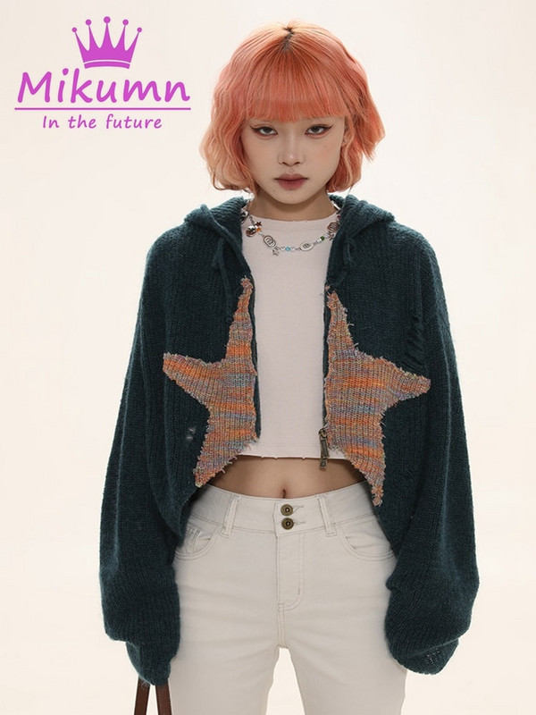 Gothic džemperis jaciņš sievietēm Harajuku Vintage Star ar rāvējslēdzēju garām piedurknēm ar kapuci īsa jaka pavasara rudens brīvs trikotāžas augšējais mētelis