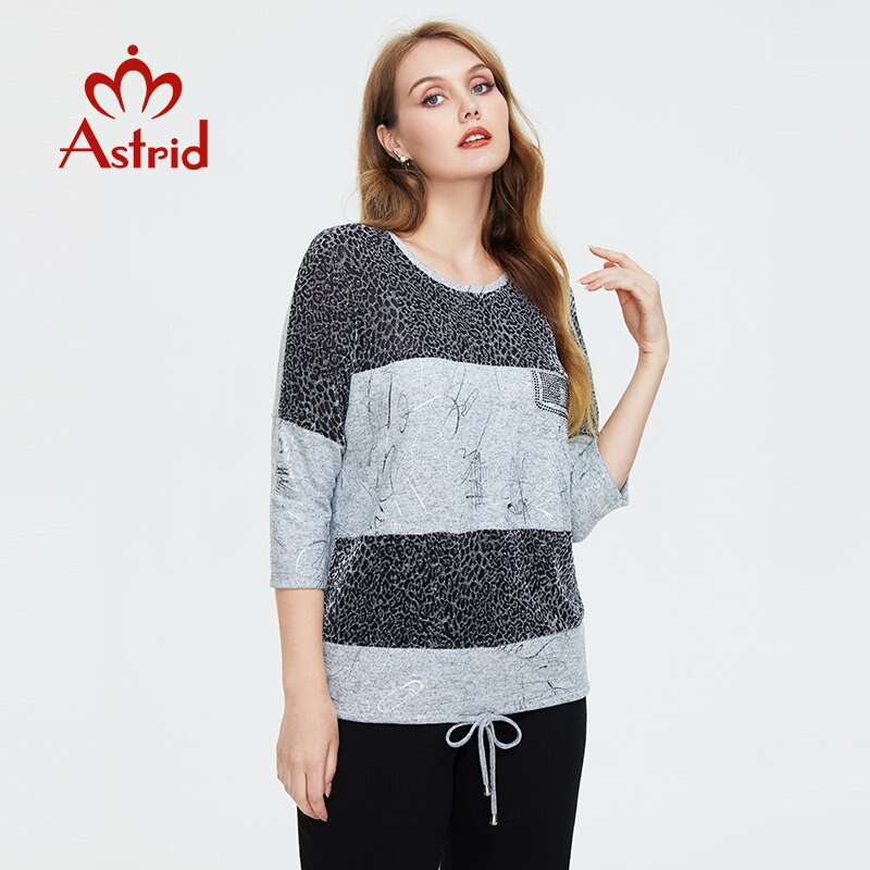 Astrid Sieviešu blūzes 2022 Top Sieviešu Lielizmēra Garām piedurknēm Vintage Fashion Leopard Print svītras pamata Apģērbs Sieviešu T-krekli