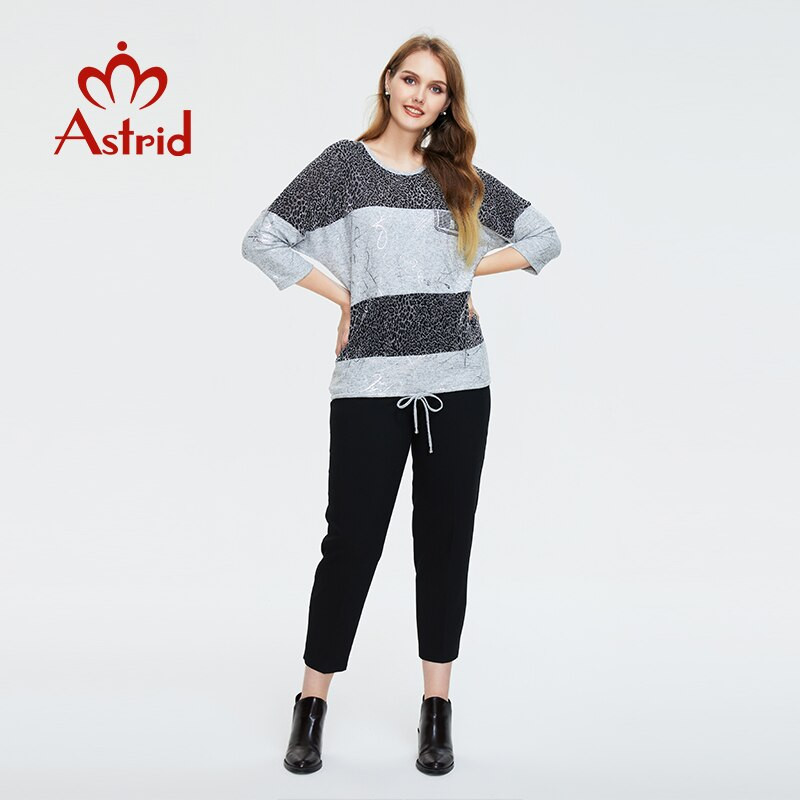 Astrid Sieviešu blūzes 2022 Top Sieviešu Lielizmēra Garām piedurknēm Vintage Fashion Leopard Print svītras pamata Apģērbs Sieviešu T-krekli