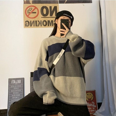 Puloveri Sieviešu High Street Chic BF stila svītrains Harajuku brīvs, mīksts pusaudžu apģērbs rudenī, stilīgs sieviešu trikotāžas apģērbs ar garām piedurknēm