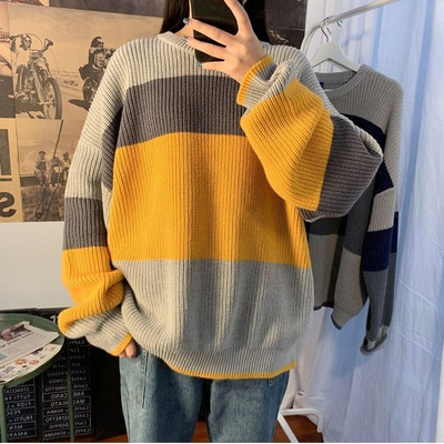 Puloveri Sieviešu High Street Chic BF stila svītrains Harajuku brīvs, mīksts pusaudžu apģērbs rudenī, stilīgs sieviešu trikotāžas apģērbs ar garām piedurknēm