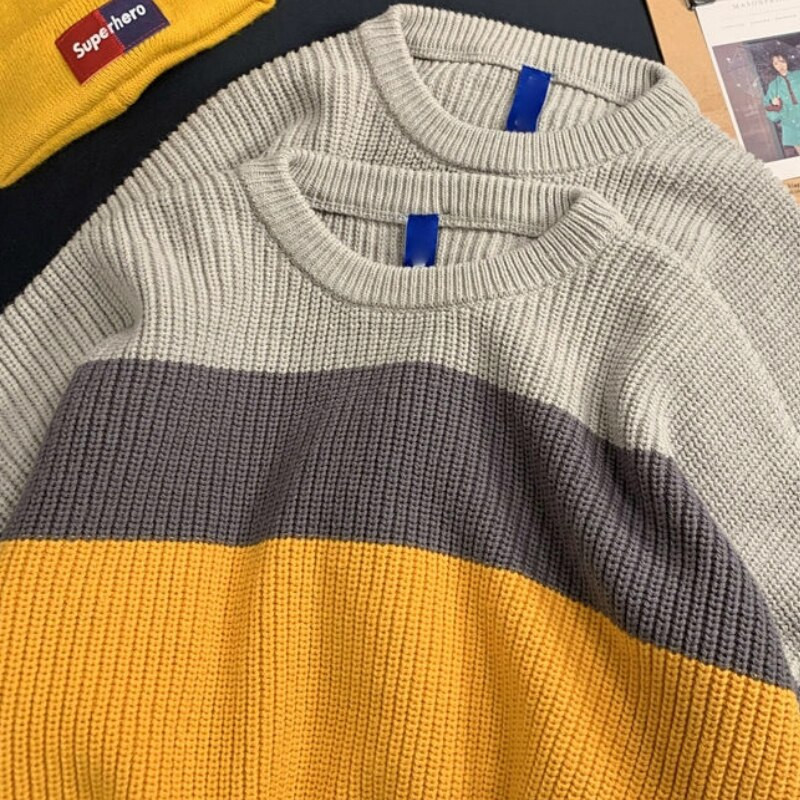 Puloveri Sieviešu High Street Chic BF stila svītrains Harajuku brīvs, mīksts pusaudžu apģērbs rudenī, stilīgs sieviešu trikotāžas apģērbs ar garām piedurknēm