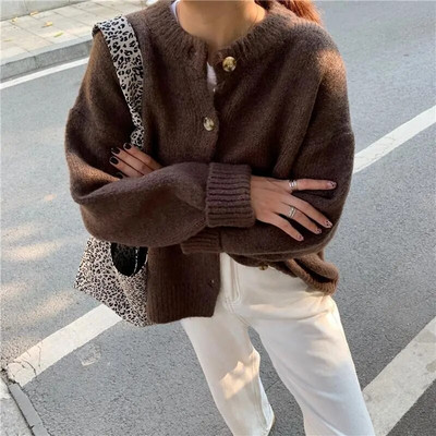 Korejiešu saldais O veida kakla Preppy Style Jakas džemperis Rudens Ziemas Vienrindas Garās Piedurknes Silts Apģērbs Vintage trikotāžas džemperis