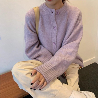 Korejiešu saldais O veida kakla Preppy Style Jakas džemperis Rudens Ziemas Vienrindas Garās Piedurknes Silts Apģērbs Vintage trikotāžas džemperis