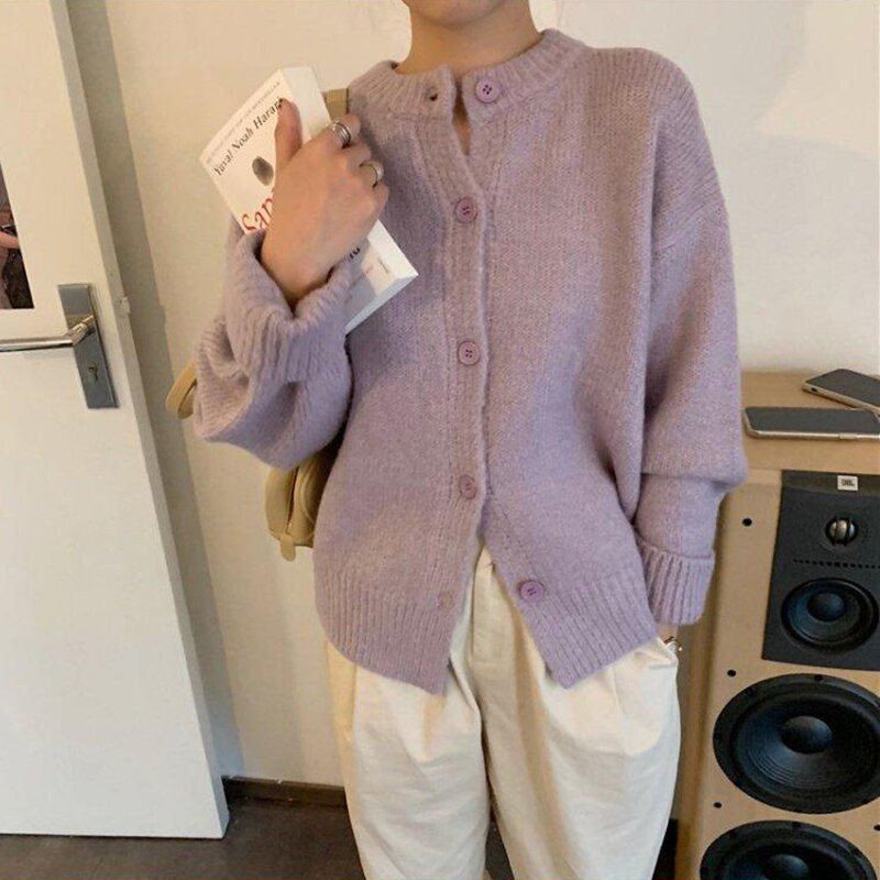 Korejiešu saldais O veida kakla Preppy Style Jakas džemperis Rudens Ziemas Vienrindas Garās Piedurknes Silts Apģērbs Vintage trikotāžas džemperis