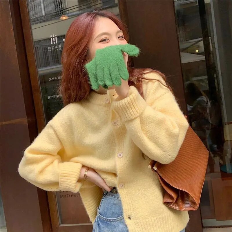 Korejiešu saldais O veida kakla Preppy Style Jakas džemperis Rudens Ziemas Vienrindas Garās Piedurknes Silts Apģērbs Vintage trikotāžas džemperis