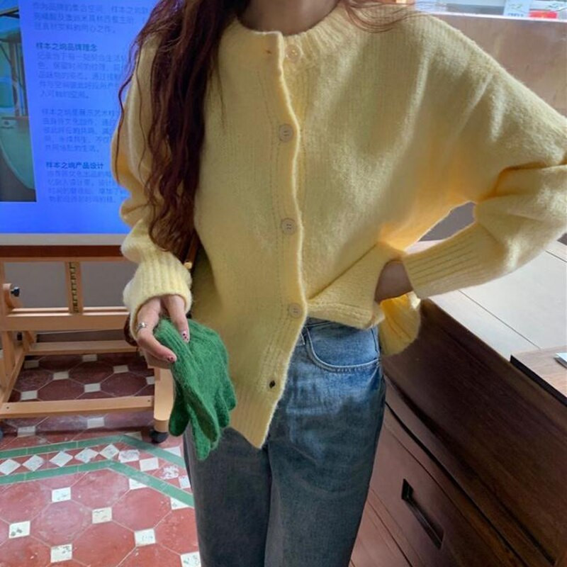 Korejiešu saldais O veida kakla Preppy Style Jakas džemperis Rudens Ziemas Vienrindas Garās Piedurknes Silts Apģērbs Vintage trikotāžas džemperis