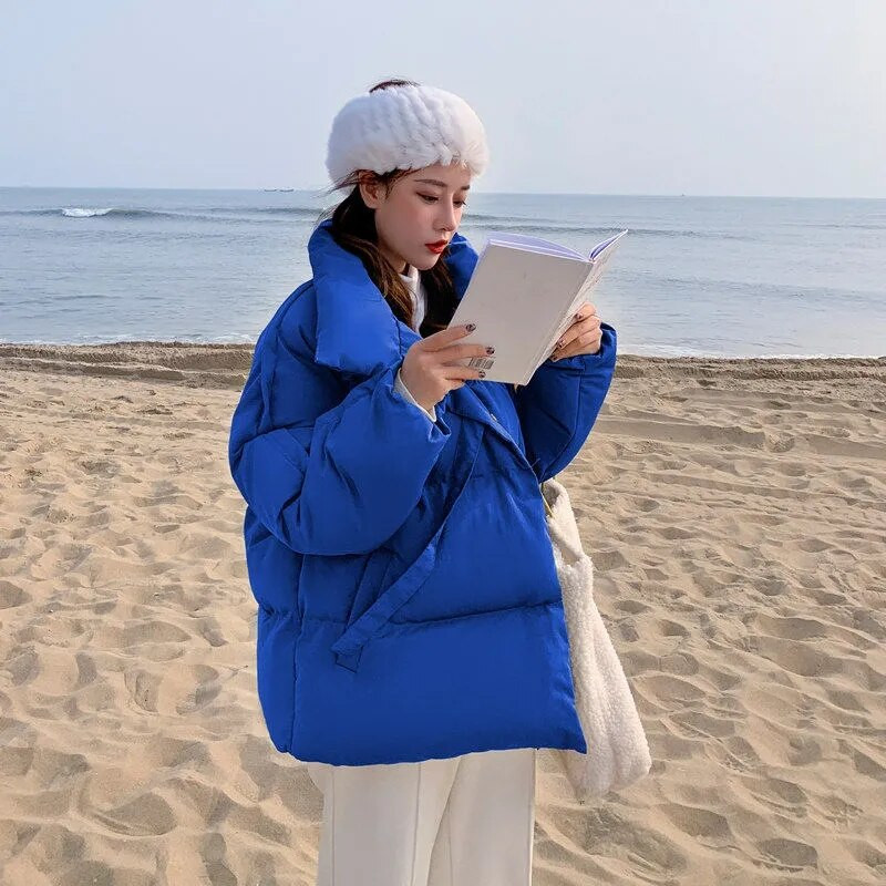 Ziemas dūnu jaka Sieviešu silts mētelis brīvs īss sieviešu jaka Kokvilnas bieza parka mēteļi Liela izmēra vienkrāsains ikdienas sieviešu virsdrēbes