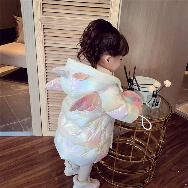 Baby Girl Ziemas jaka Cute Unicorn Krāsaini Mēteļi Meitenēm Silti Ar kapuci Parka Snowsuit Vēja necaurlaidīgs Bērnu Virsdrēbes Apģērbs