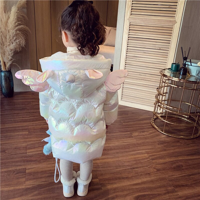 Baby Girl Ziemas jaka Cute Unicorn Krāsaini Mēteļi Meitenēm Silti Ar kapuci Parka Snowsuit Vēja necaurlaidīgs Bērnu Virsdrēbes Apģērbs