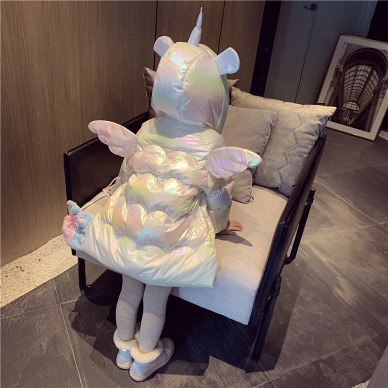 Baby Girl Ziemas jaka Cute Unicorn Krāsaini Mēteļi Meitenēm Silti Ar kapuci Parka Snowsuit Vēja necaurlaidīgs Bērnu Virsdrēbes Apģērbs