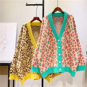 Sieviešu leoparda jaka ar garām piedurknēm rudens ziemas gadījuma V kakla vienrindas, brīva trikotāžas jaka Sieviešu džemperis virsdrēbju augšdaļa