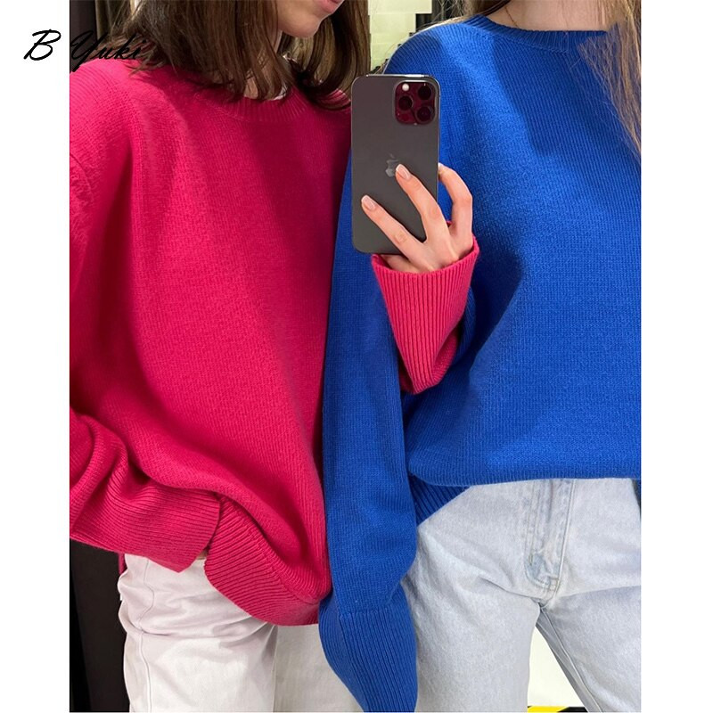 Blessyuki Basic kašmira trikotāžas džemperi sievietēm, 2022. gada rudens, ziemas, brīvs O veida kakla izgriezums, vienkāršs sieviešu džemperis, ikdienišķs, ciets, mīksts džemperis