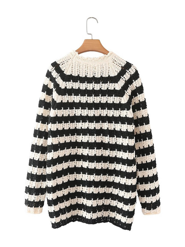 YENKYE jauns sieviešu svītrains Pointelle trikotāžas džemperis ar garām piedurknēm O kakla sieviešu rudens džemperi, eleganti topi